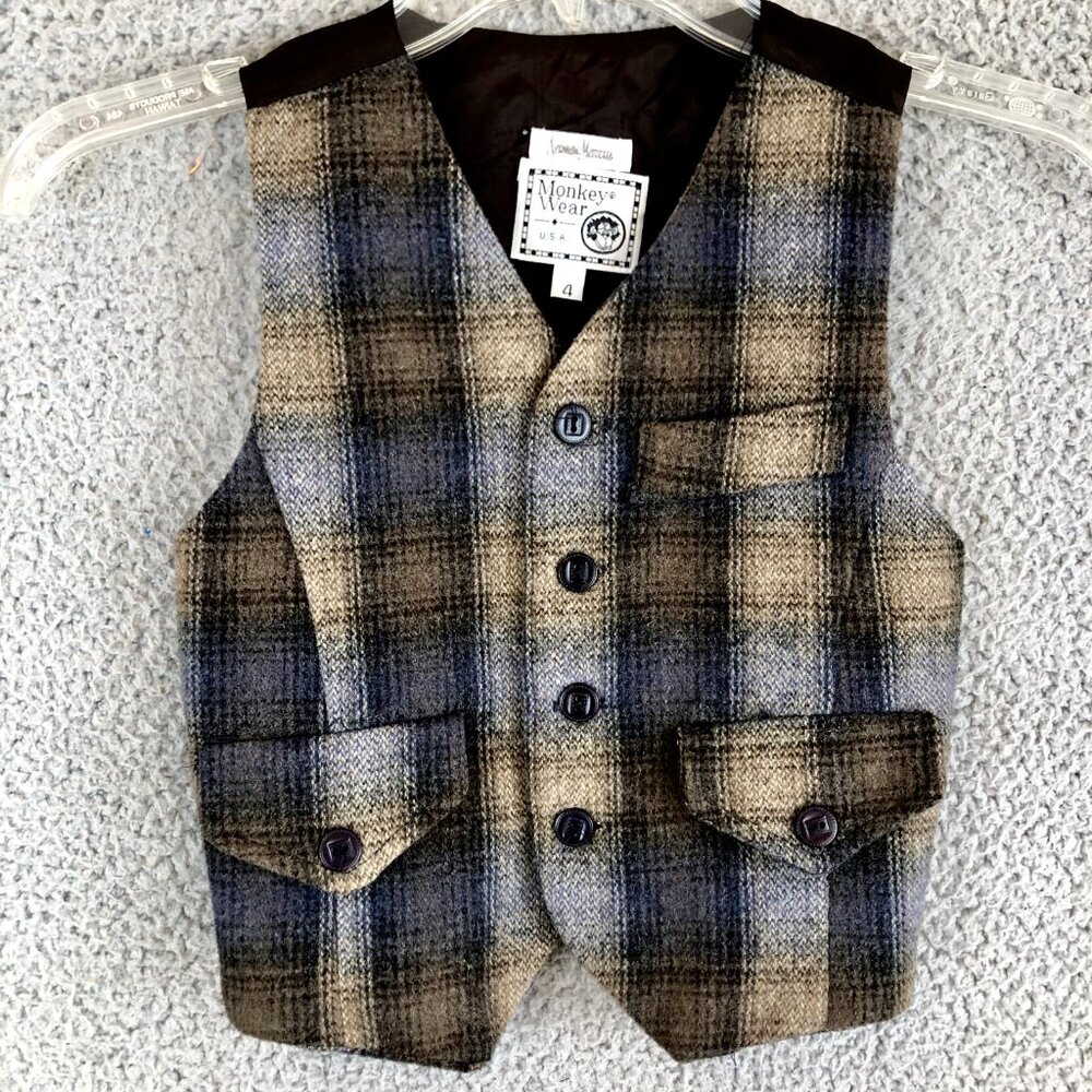 VIntage MONKEY WEAR‎ Neiman Marcus Wool Vest Size 4 Plaid Made in U.S.A